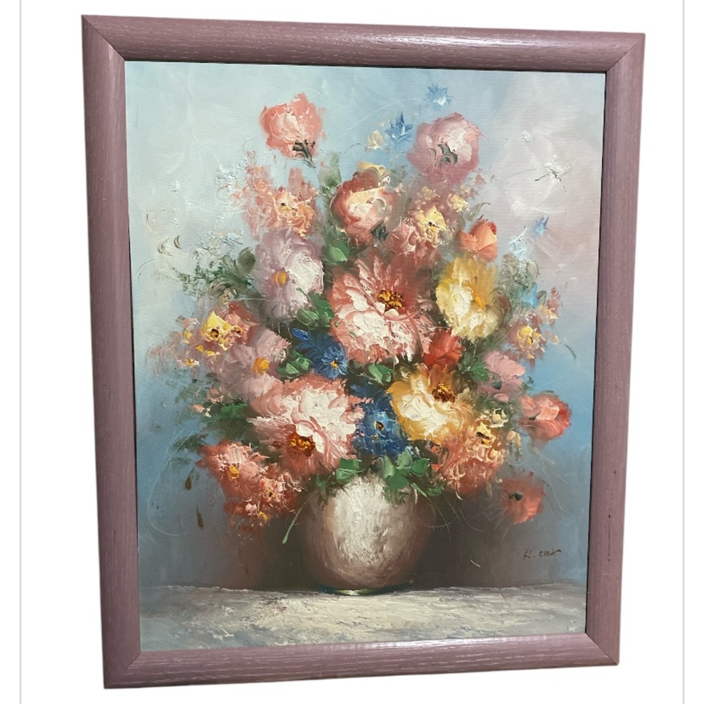 Robert Cox Still Life Oil 16x20 Canvas Painting Pink Purple Floral Framed 18x22